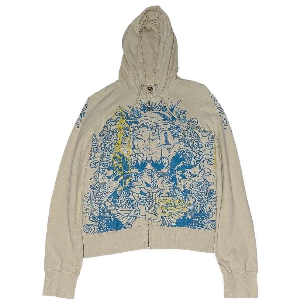 Rare Y2K Ed Hardy Cream & Blue Geisha Japan Zip Hoodie Size S – Minor Stains